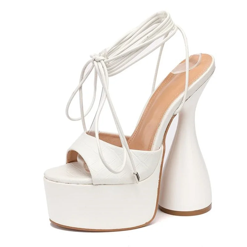 Women Platform Sandals Fashion Snake Print PU Leather Big Fish Peep Toe Ankle Strap Lace-Up Strange High Heels Party Dress Shoes