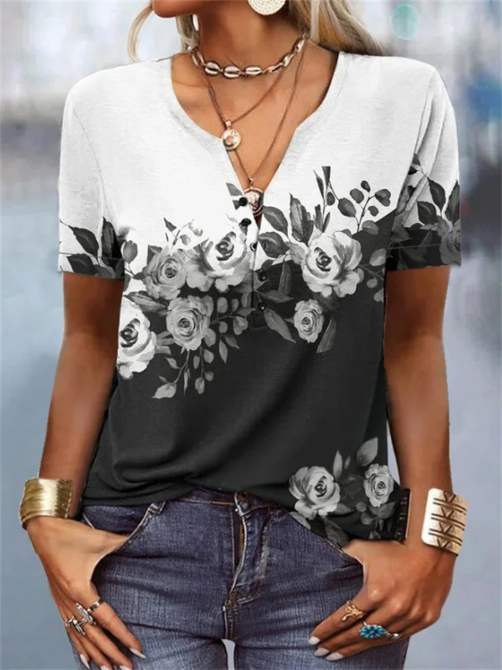 Women's Spring and Summer New Women's Short-sleeved Printing Fashion Printing Short-sleeved Button T-shirt S-5XL-Cosfine