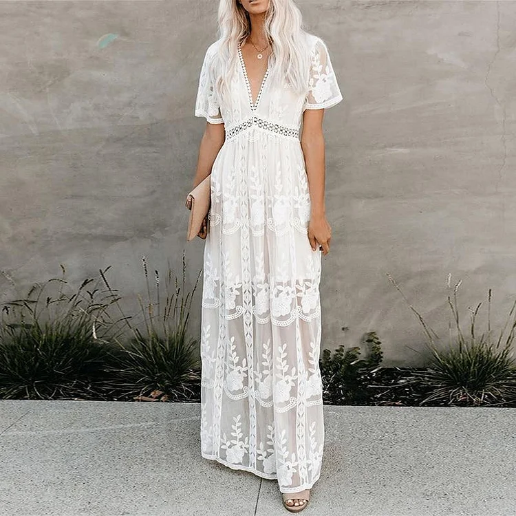 Casual Lace Solid V Neckline Shift Dress