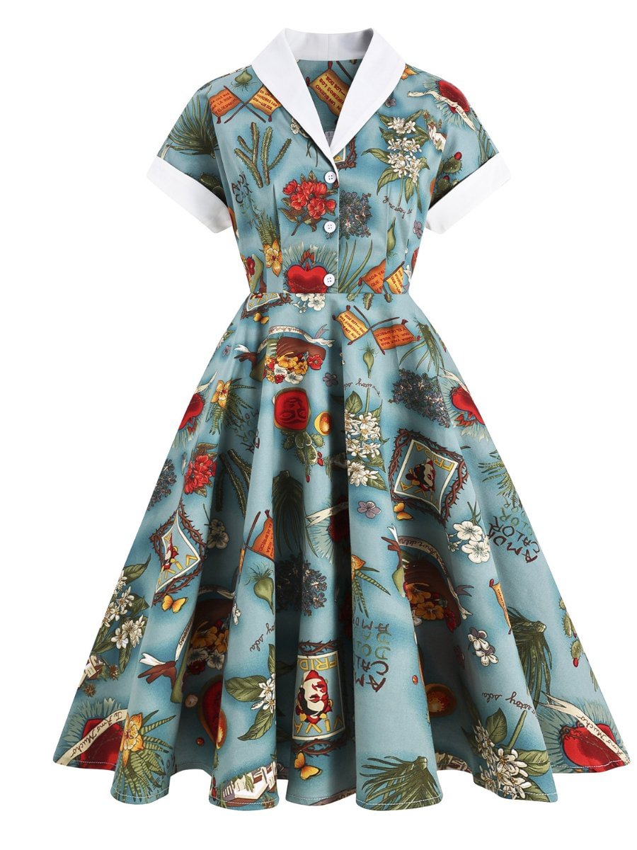 Vintage Hepburn's Dress V Neck Button Down Colorblock Swing Floral Dresses
