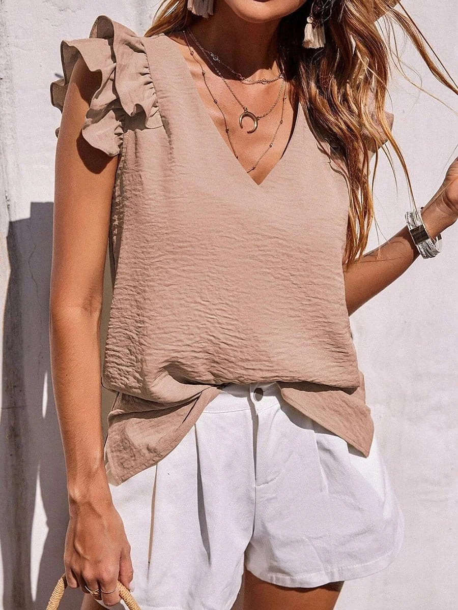 V Neck Ruffle Tank Loose Going Out Tops For Women