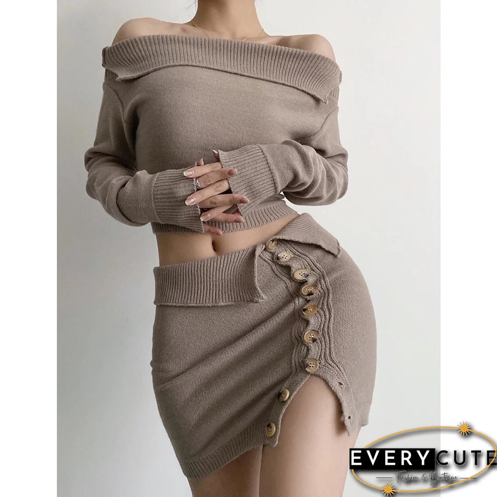 Khaki Knit Off Shoulder Sweater and Button Skirt Set