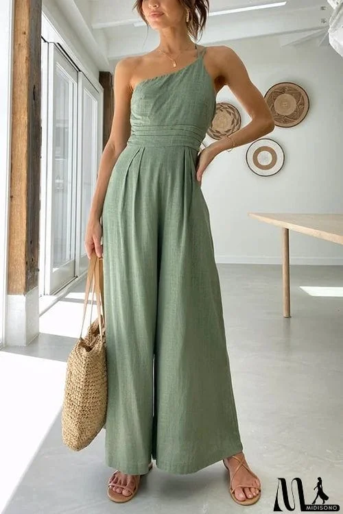 MidiSono - One Shoulder Straps Wide Leg Jumpsuits