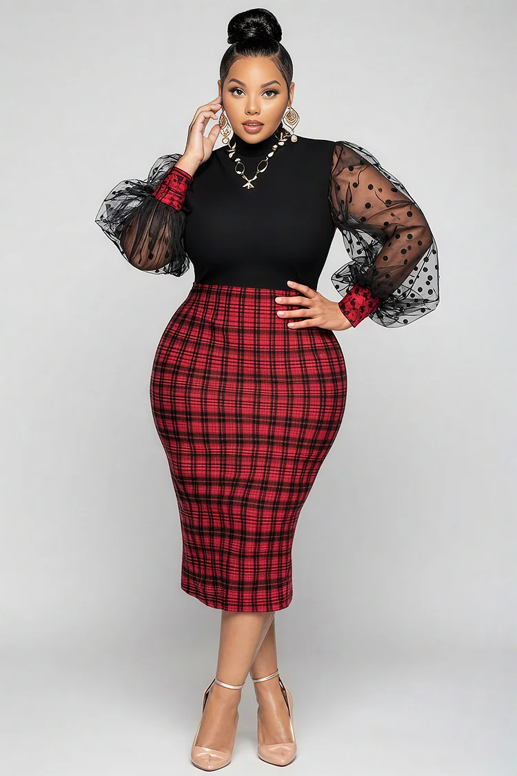 Xpluswear Design Plus Size Christmas Black Plaid Round Neck Puff Sleeve Long Sleeve See Through Vintage Contrast Midi Dresses 2024 - Xpluswear