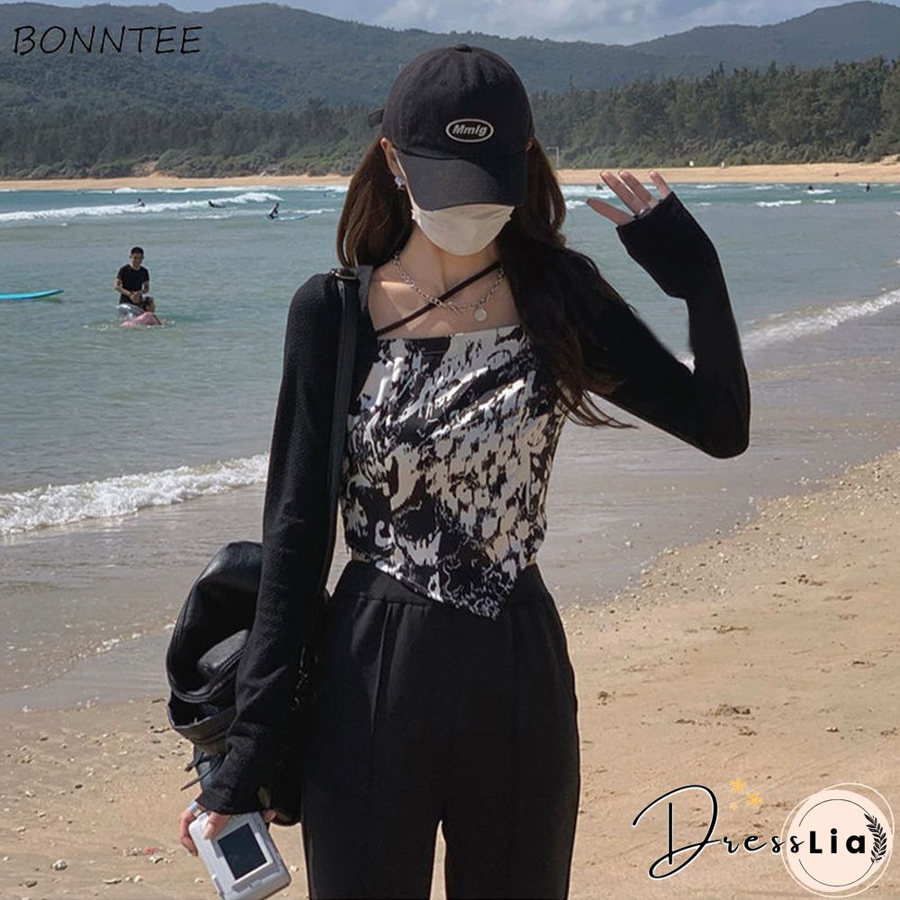 T-Shirts Women Slim Trendy Chic Summer Long Sleeve Ulzzang High Street Lady Fake Two Piece Mujer Camisetas Ins Inside Crops Tops