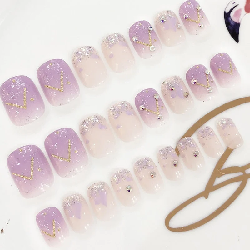 Girls Sweet Candy Color Fake Nail Patch Gradient Purple Shining Rhinestone False Nails DIY Short Full Cover Nail Art Stickers-Nail Inspo