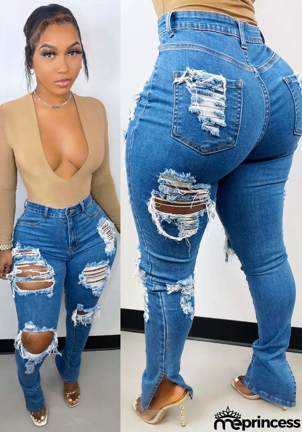 Women Spring Blue Pencil Pants High Waist Zipper Fly Solid Fringed Full Length Regular Jeans Pants