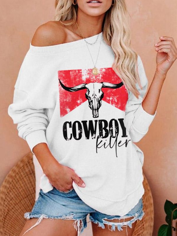 Women's Cowboy Western Print Off Shoulder Top