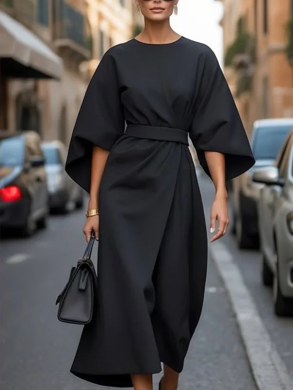 Temperament Solid Color Waisted Ladies Dress