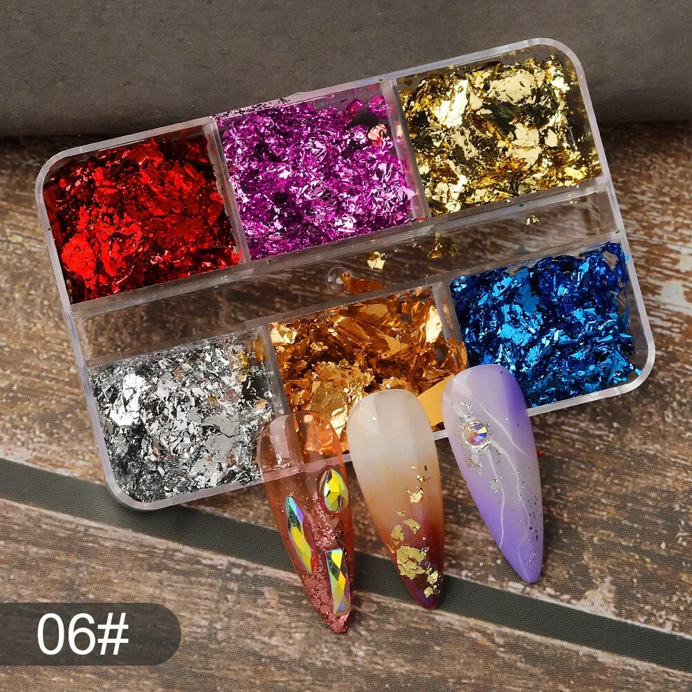 6 Grids Sparkly Foil Nails Sequins Irregular Aluminum Gold Red Summer Design Set  Mirror Chrome Glitter Flakes Gel DIY Manicure-Nail Inspo