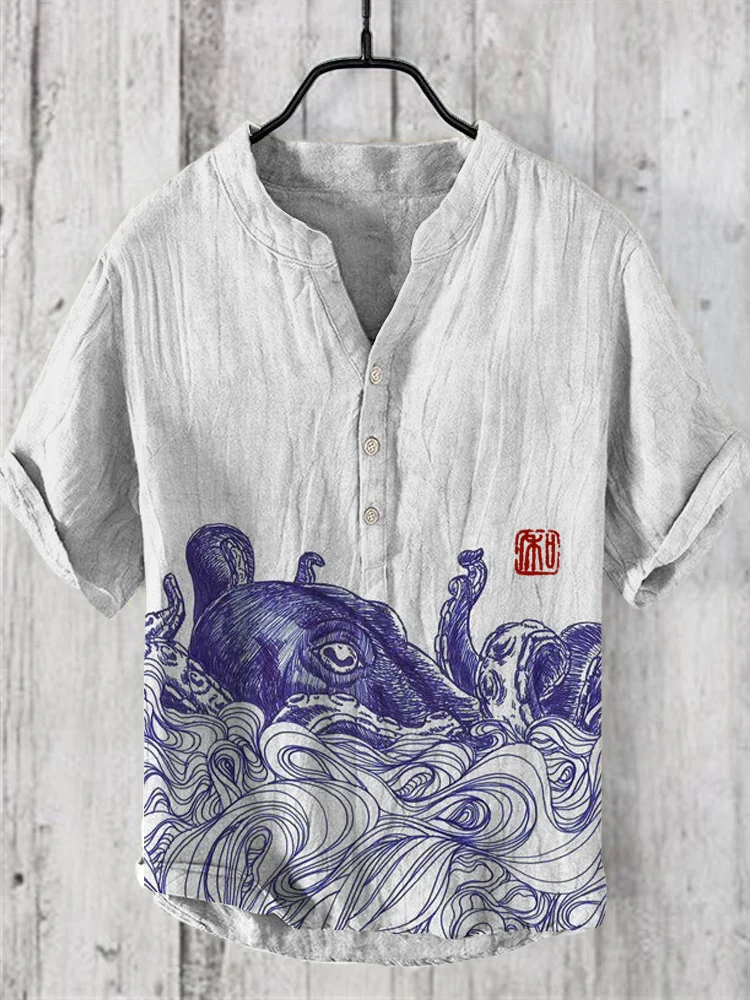 Vintage Ocean Octopus Pattern Men's Linen V-Neck Shirt