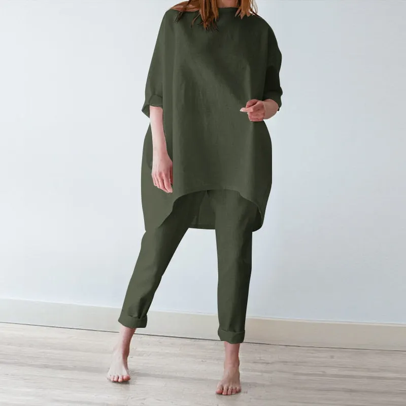 Fashion Urban Tracksuit Women Summer Pants Suits ZANZEA Two Piece Sets Casual 3/4 Sleeve Irregular Blouse Trousers Sets Outifits