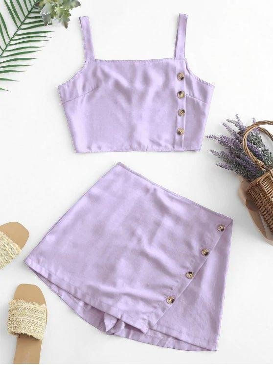 Buttons Crop Top And Overlap Shorts Set