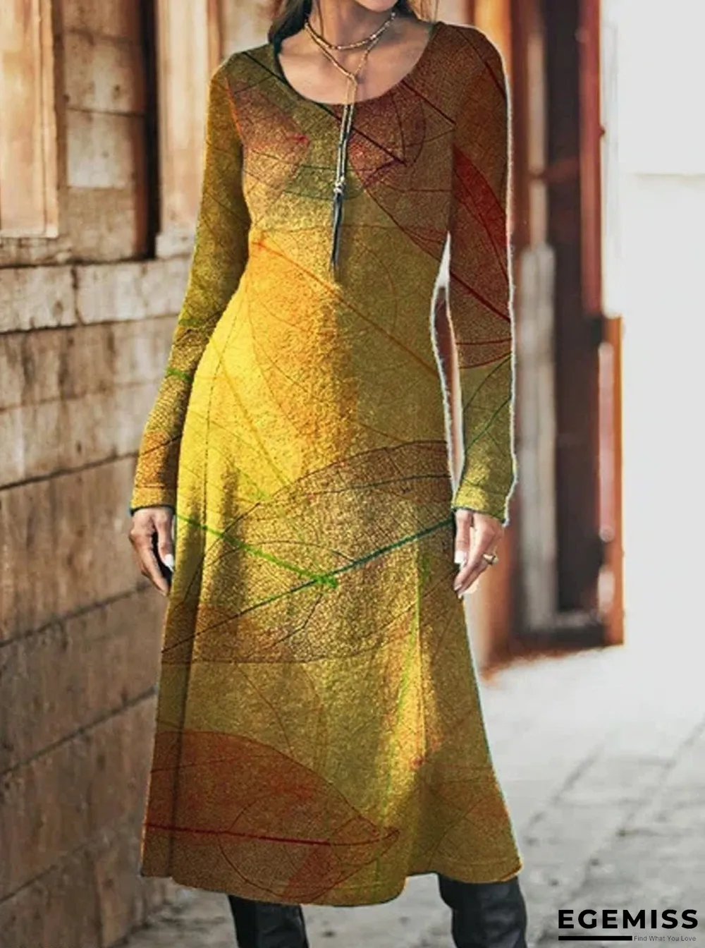 Casual Leaf Print Crew Neck Long Sleeves Maxi Dress | EGEMISS