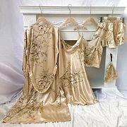 Areship Pink Print Flower 5PCS PAJAMAS SET Ice Slik Satin Home Clothing Robe&skirt&top&shorts Summer New Lingerie Lady Sexy Nightwear