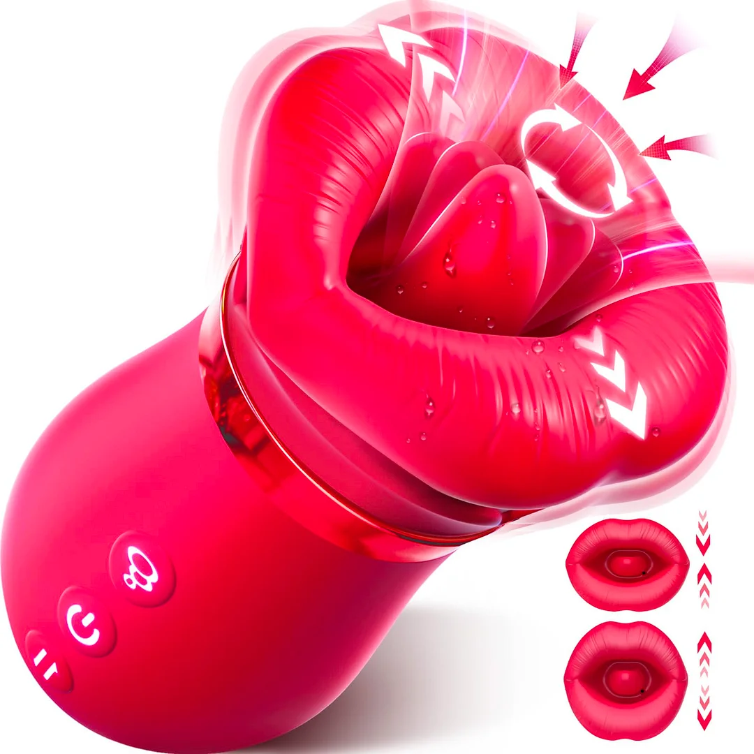 Rose Big Mouth Vibrator 4in1 Sucking Biting Tongue-swinging Clit Stimulator - Rose Toy