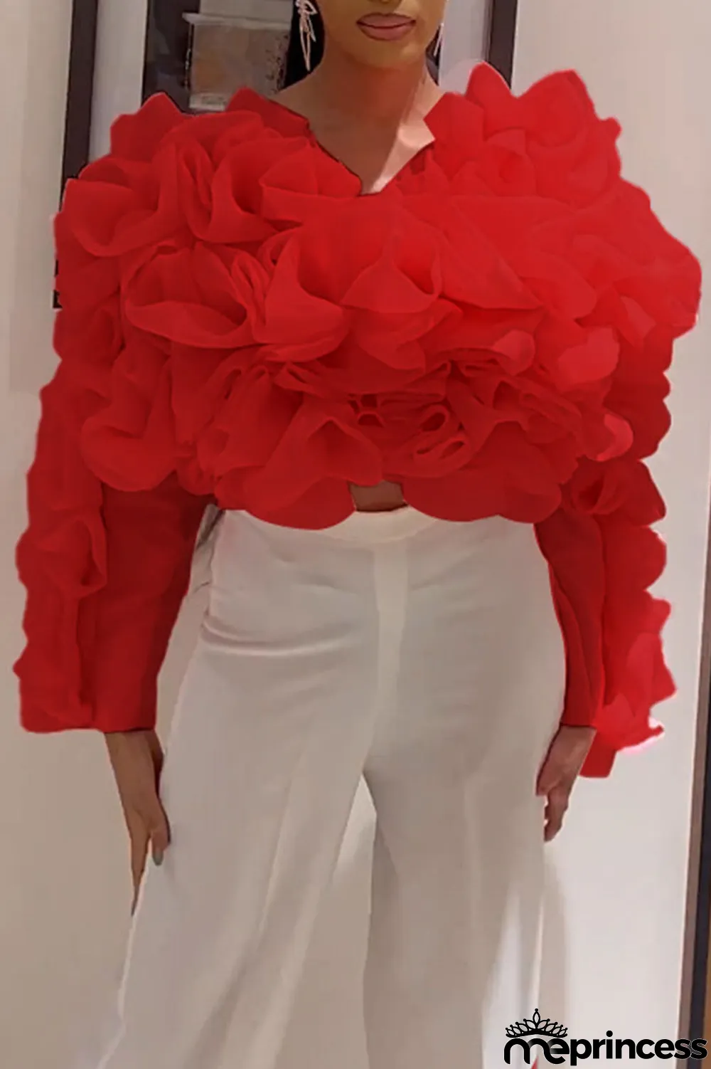 White Elegant Solid Patchwork Appliques O Neck Tops