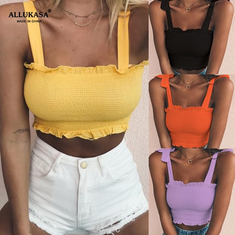 Summer Autumn Tube 2020 New Crop top Women Bow Tie Strap Ruched tank Top Lettuce Edge Elastic Camis 17 colors