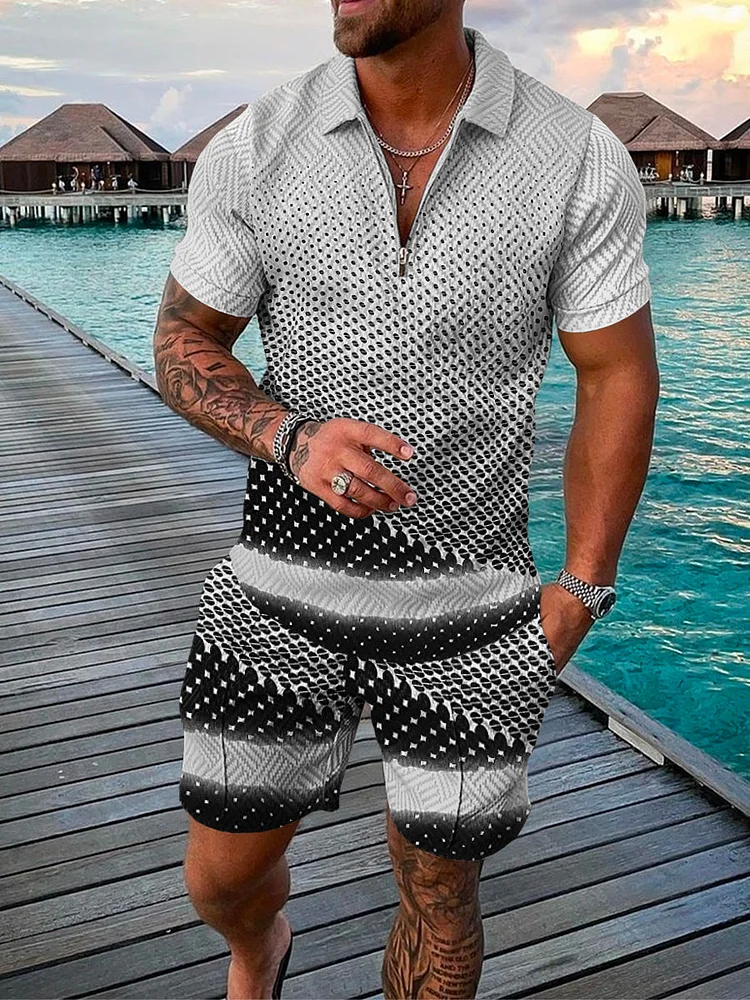 Men's Fashion Printed  Zip Polo Shirt and Shorts Two-Piece Suits