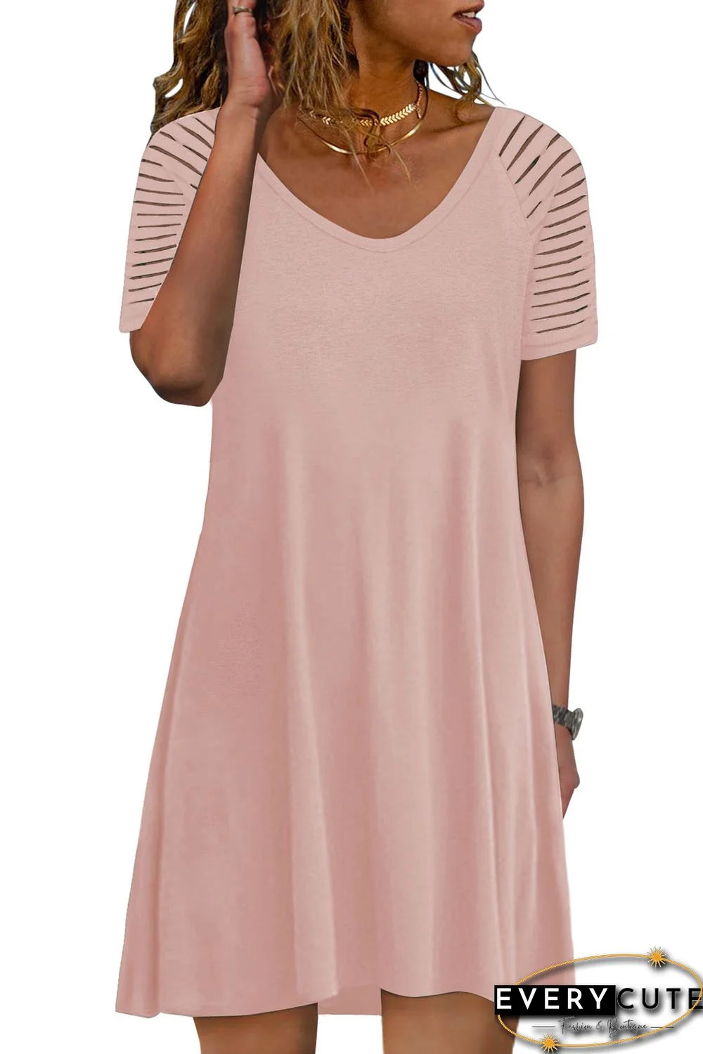 Pink Sheer Striped Short Sleeve Flare T-shirt Mini Dress