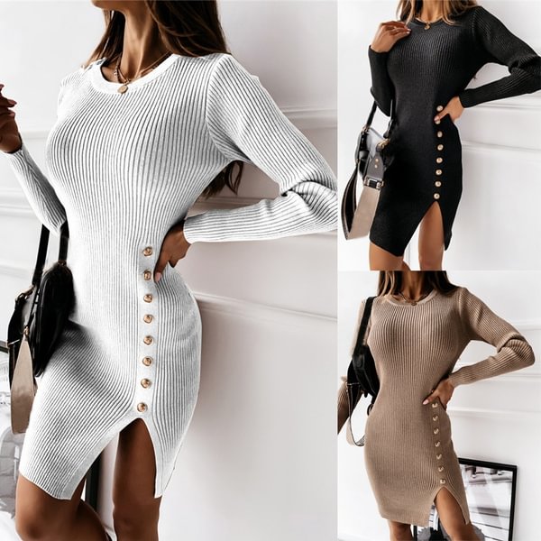 Autumn Winter Dress Fashion Solid O-neck Knitted Long Sleeve Buttons Split Bodycon Women Dresses