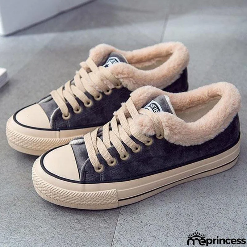 Womens Canvas Snow Sneakers Fur Lined Shoes