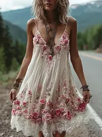 Boho Pink Roses Embroidered Flowy Mini Cami Dress