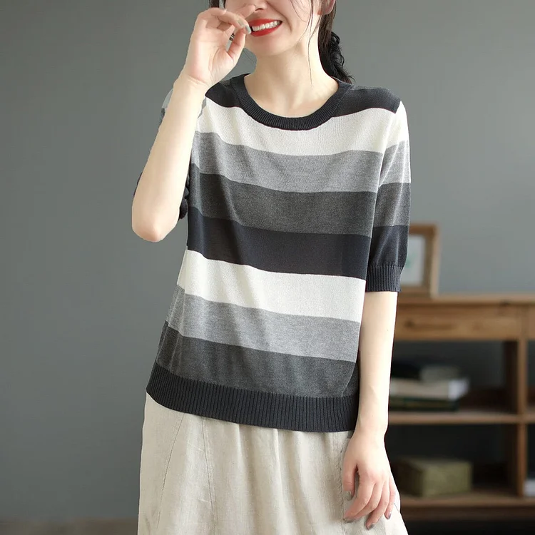 Summer Casual Stripe Knitted Half Sleeve Top