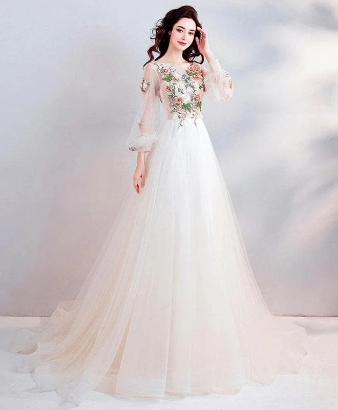 Light Champagne Tulle Lace Long Prom Dress, Champagne Tulle Evening Dress