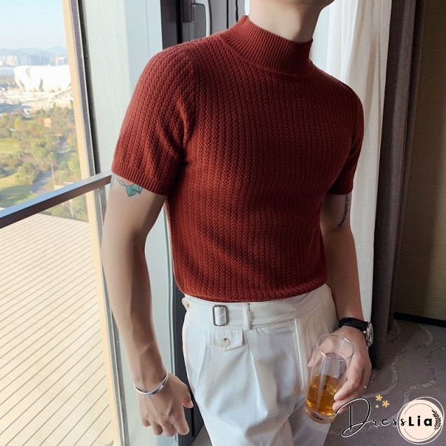 Autumn New Short Sleeve Knitted Sweater Mens Clothing All Match Slim Fit Stretched