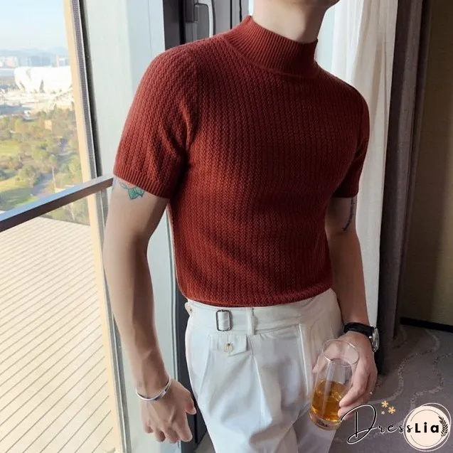 Autumn New Short Sleeve Knitted Sweater Mens Clothing All Match Slim Fit Stretched