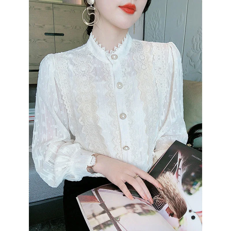 Jangj Autumn New Fashion Lace Chiffon Shirt Long-sleeved Blouse Round Neck Elegant OL Style Blouse Women's Korean White Shirts