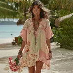 Women's Vintage Pink Floral Art Casual Midi Dress - Image 2