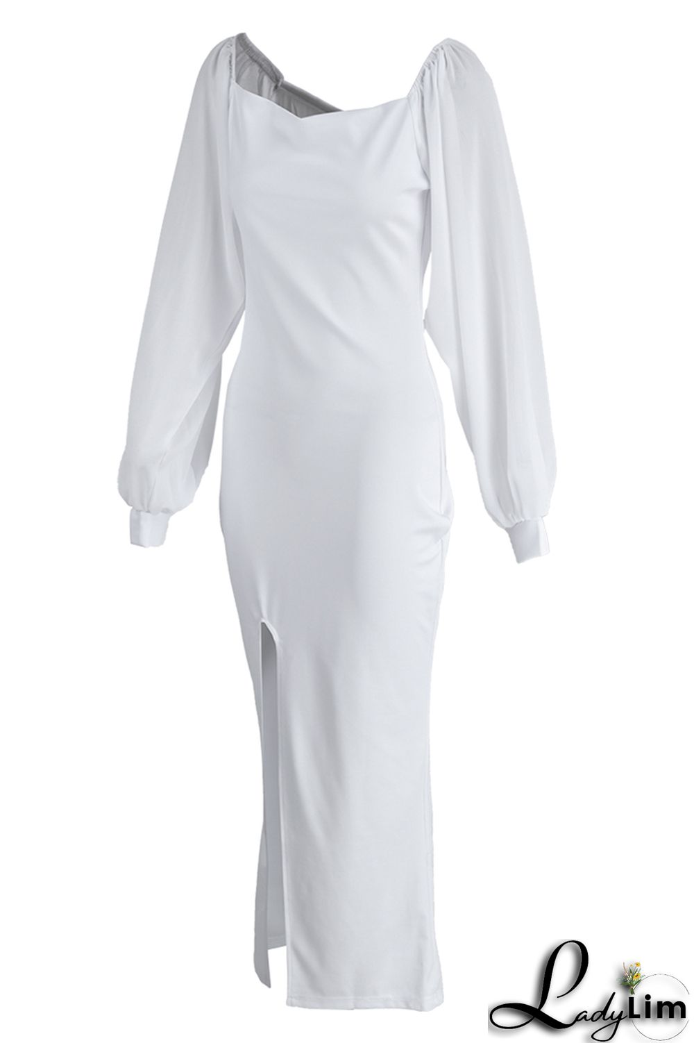Yellow Fashion Casual Solid Slit Square Collar Long Sleeve Dresses