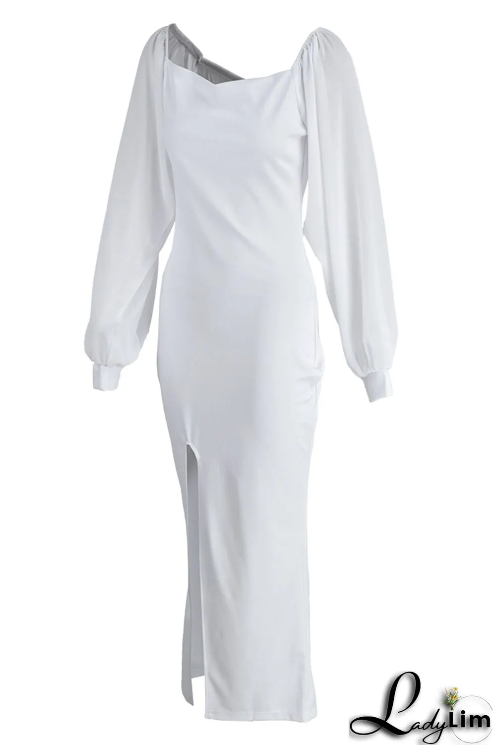 Yellow Fashion Casual Solid Slit Square Collar Long Sleeve Dresses