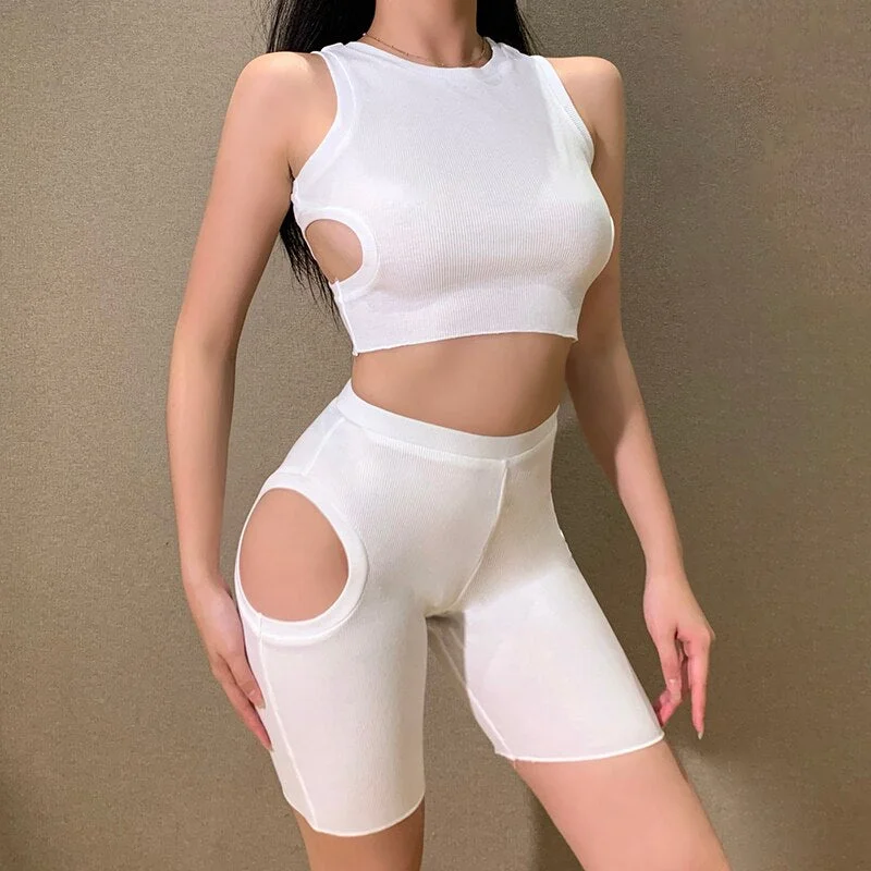 InstaHot Hollow Out Sexy Women Two Piece Short Set Summer Crop Top 2021 Streetwear White Sleeveless Outfit Casual Female Clothes