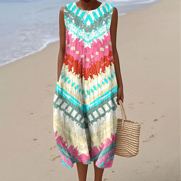 Women's Fashion Color Block Art Print Sleeveless Cotton Pocket Wrap Dress