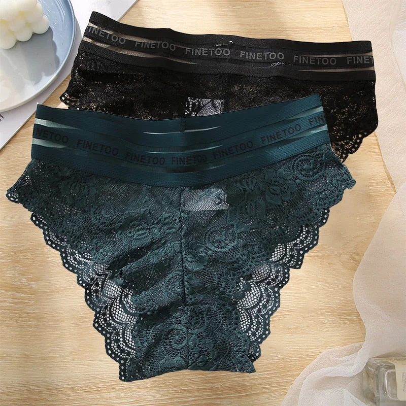FINETOO 2PCS/Set L-XXL Floral Lace Women Panties High Waist  Sexy Lace Underwear Woman Letter Lingerie Female Seamless Briefs