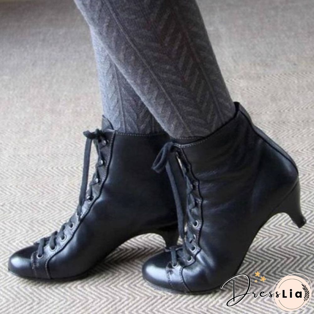 New Fashion Victorian Round Toe Leather Boots for Women Rustic Booties Steampunk Lace Up Low Heel Boots Vintage Ankle Boots Jeans Boots
