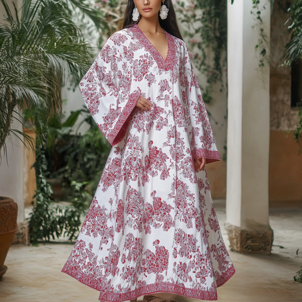 Women's Middle Eastern Floral Print Contrast Color Stitching Temperament Four Seasons Robe Dress