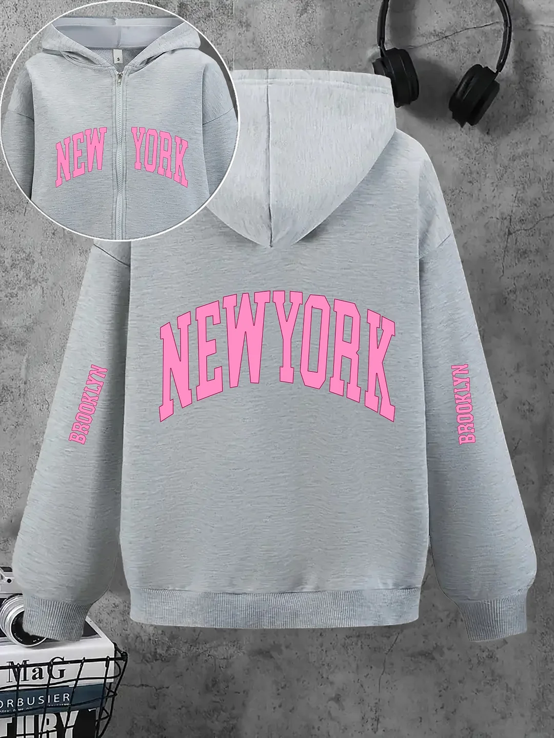 Women's Pink "New York" Graphic Zip-Up Hoodie - Casual Long Sleeve Sweatshirt With Kangaroo Pocket, All-Season Comfort, Casual Wear Hoodie | New York Print Hoodie | Zippered Hoodie, New York Hoodie | IFYHOME