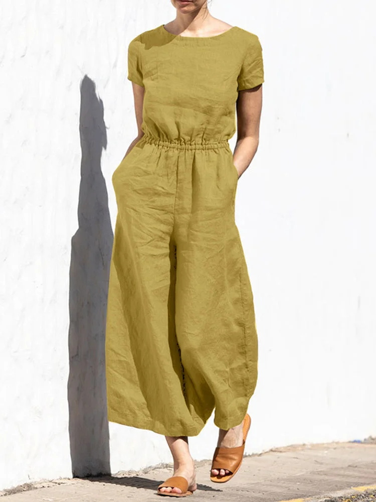 Solid Color Short Sleeve O-neck Cotton Wide Leg Jumpsuit SKUJ15199