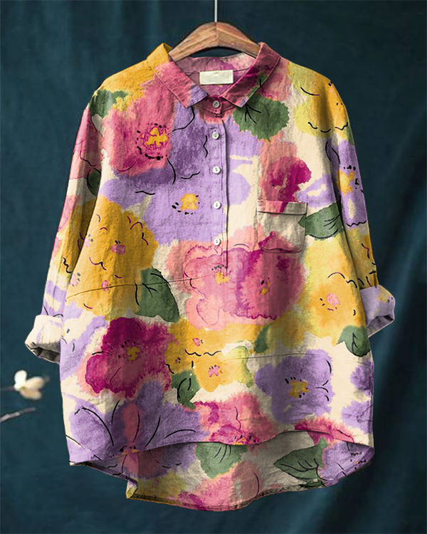 Vintage Art Floral Print Casual Cotton and Linen Shirt