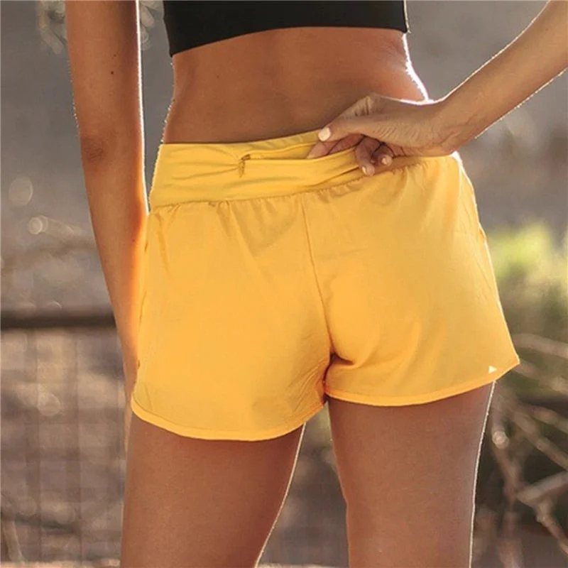 Quick Dry High Waisted Workout Sport Running Solid Shorts Women Double Layer Fitness Training Shorts With Phone Pocket