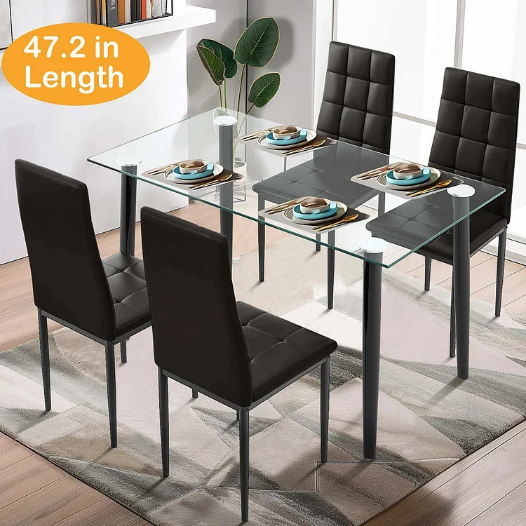 Dining Table Set for 4, Legahome 5 Piece Glass Dining Room Set with 4 Upholstered Chairs, 47in Length Rectangle Kitchen Table and Chairs Set for Breakfast Nook, Dining Room, Black