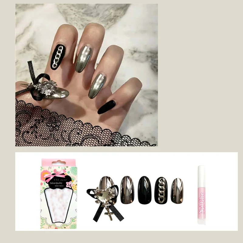 24pcs decorated false nails Transparent purple bow with long round head falis nails Manicure patch acrylic nail tips-Nail Inspo