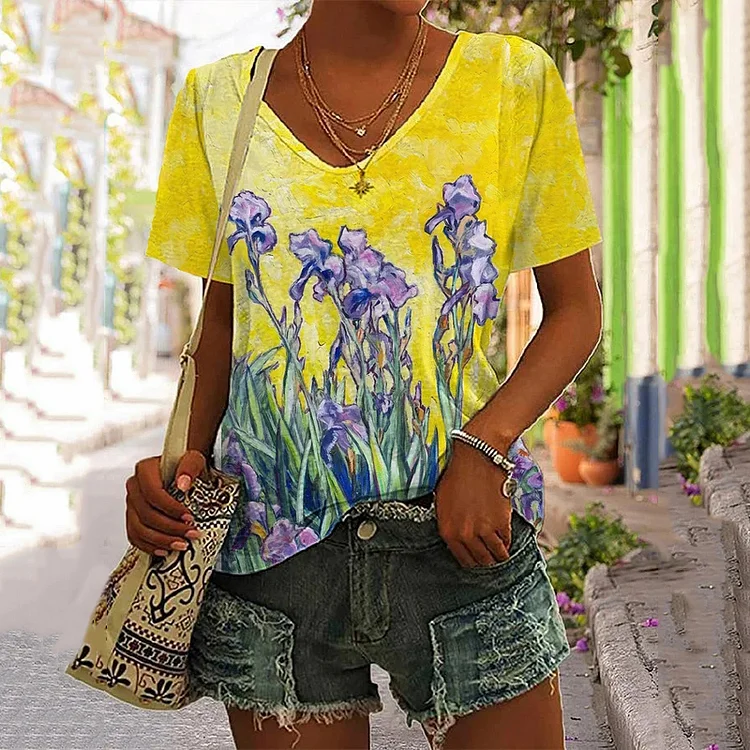 Iris Oil Painting V Neck Casual T-Shirt