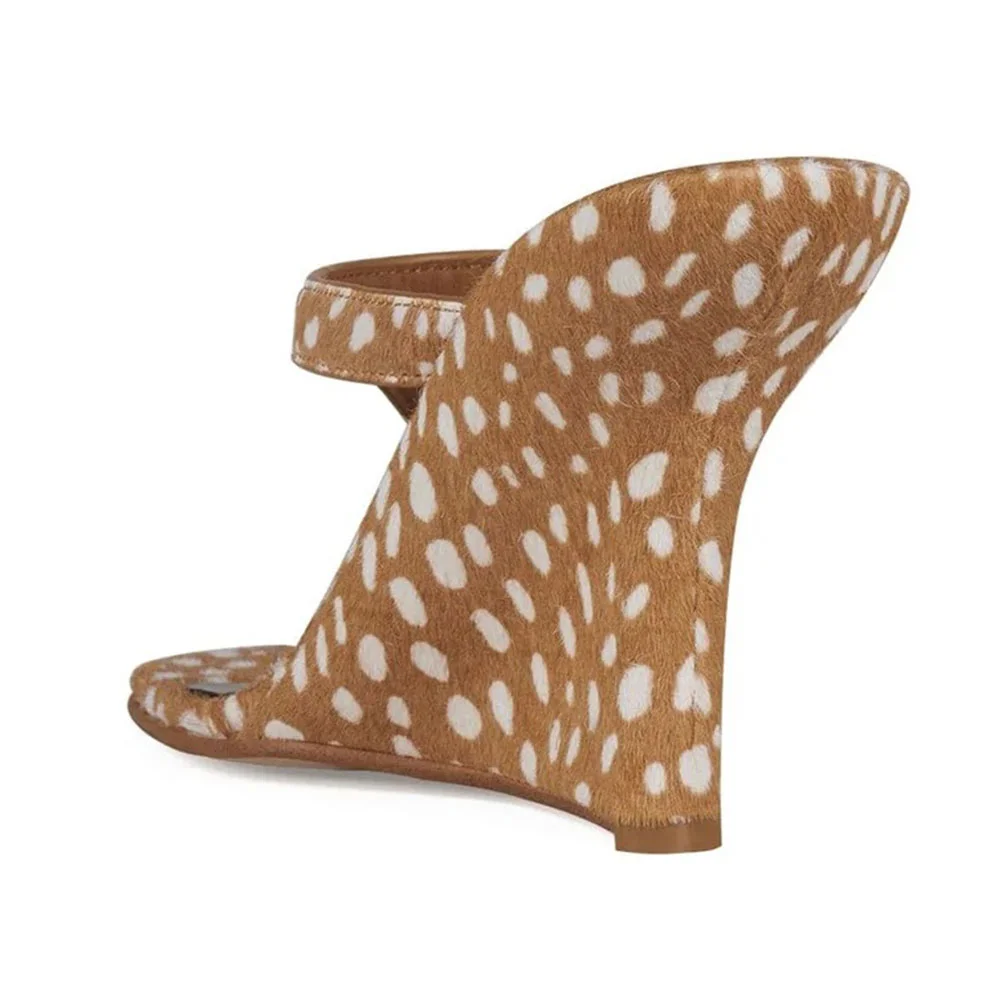 YDN Tan & White Spots Open Square Toe Flip Flop Wedge Sandals