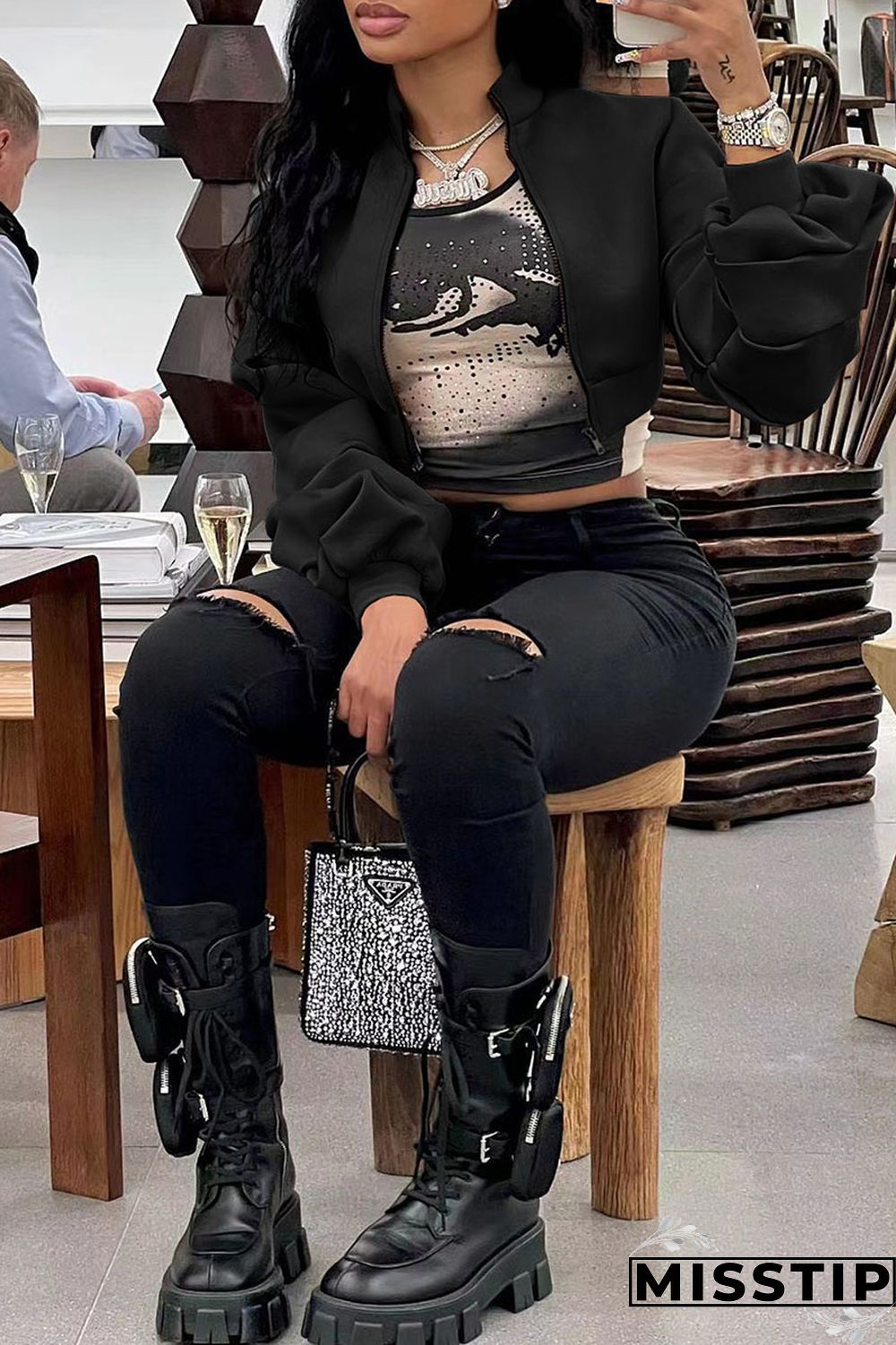 Black Casual Solid Patchwork Fold Zipper Collar Outerwear