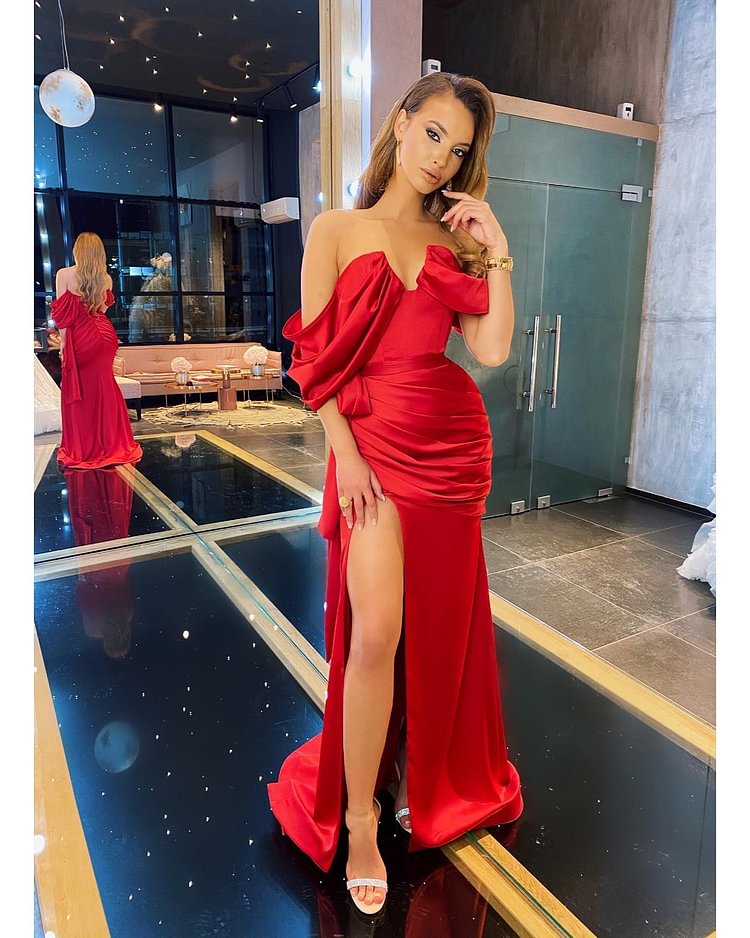 Hellodresses Red Elegant Off the Shoulder Sleeveless Evening Dress With Split